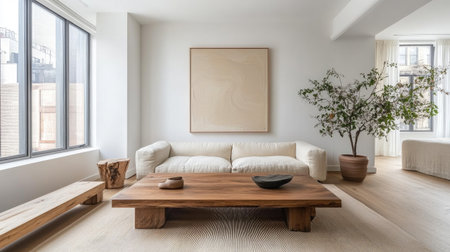 A bright and airy modern living room showcasing minimalist furniture and natural accents. Features a wooden table, stylish sofa, and greenery, creating a calming atmosphere.の素材