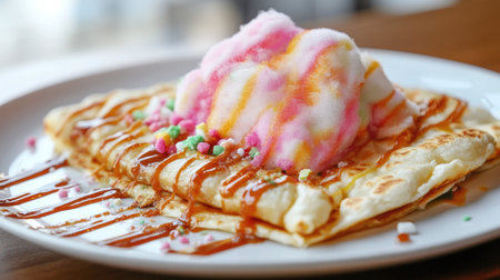 A vibrant dessert crepe adorned with colorful toppings, syrup, and a fluffy ice cream scoop, perfect for a sweet treat or special occasion.の素材