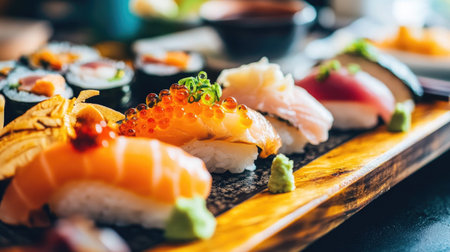 A vibrant sushi platter showcasing a variety of fresh sushi pieces, garnished with wasabi and colorful toppings, perfect for food enthusiasts.の素材