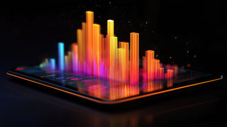 This stunning image showcases a vibrant data visualization displayed on a sleek digital screen, featuring colorful bar charts and dynamic graphs that emphasize modern technology and creativity.の素材