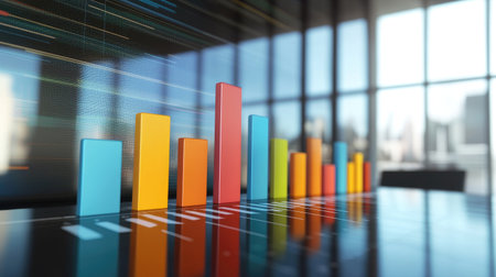 A vibrant bar graph displayed on a digital screen in an office environment, illustrating data analysis and business growth concepts in a modern workspace.の素材