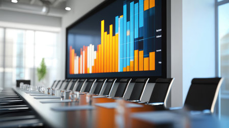 A modern conference room featuring a large digital display showing colorful data visualizations. Perfect for business meetings and strategic discussions.の素材