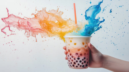 A vibrant image of a bubble tea drink with colorful splashes, showcasing a creative representation of refreshment and enjoyment. Perfect for summer scenes.の素材