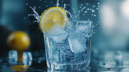 A vibrant splash of water and lemon slice in a glass filled with ice cubes, showcasing refreshing summer vibes and hydration in a clear setting.の素材