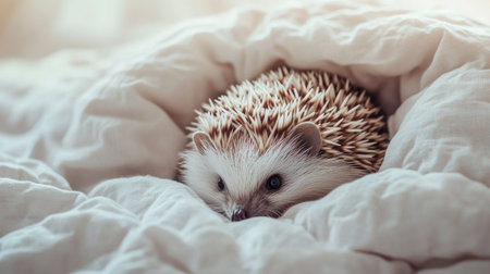 A cute hedgehog relaxes nestled in a soft blanket, capturing the essence of comfort and tranquility in an indoor setting, ideal for nature lovers.の素材