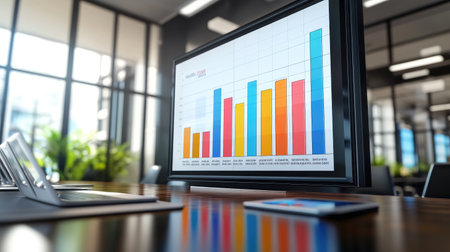 A vibrant chart displayed on a monitor in a modern office, showcasing growth metrics. Ideal for business, finance, and analytical themes.の素材