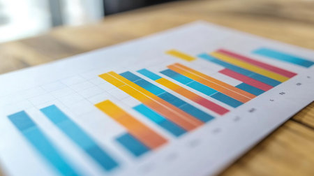 A colorful bar graph printed on paper rests on a wooden desk, showcasing data analysis and business insights. Ideal for finance and marketing presentations.の素材