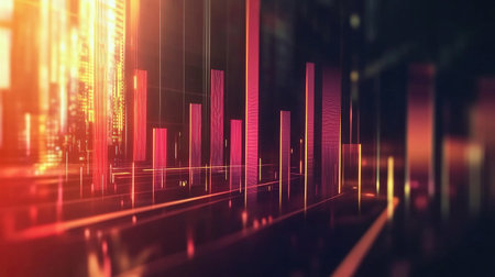 Vibrant abstract background featuring colorful data visualizations with glowing bars and lines. Perfect for projects related to technology and analytics.の素材