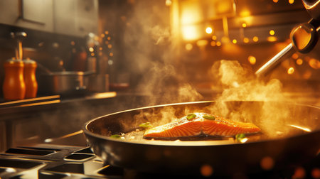 A delicious salmon fillet sizzling in a pan, releasing aromatic steam in a modern kitchen. Perfect for culinary enthusiasts and food lovers.の素材