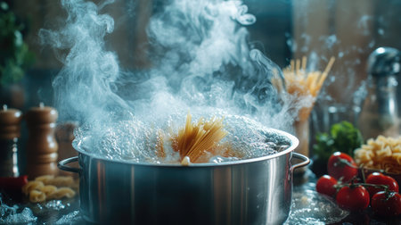 A vibrant kitchen scene featuring boiling pasta in a pot with steam rising. Fresh ingredients like tomatoes and herbs surround the cooking area, creating a delicious atmosphere.の素材