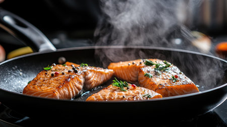 Juicy salmon fillets sizzling in a hot pan, garnished with fresh herbs and spices, creating an appetizing meal that's perfect for any occasion.の素材