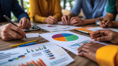 A diverse team collaborates on marketing strategies, analyzing data and discussing insights over various charts and reports on the table.の素材