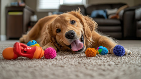 This adorable Golden Retriever puppy enjoys playtime with colorful toys in a cozy indoor setting, showcasing joyful moments of companionship and fun.の素材