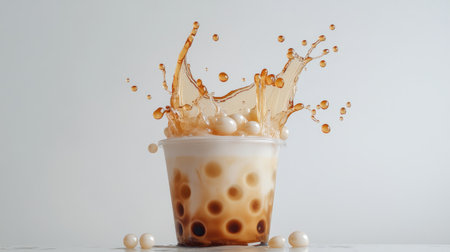A captivating splash of bubble tea with creamy milk and tapioca pearls, creating a dynamic visual on a clean white background. Perfect for food photography.の素材