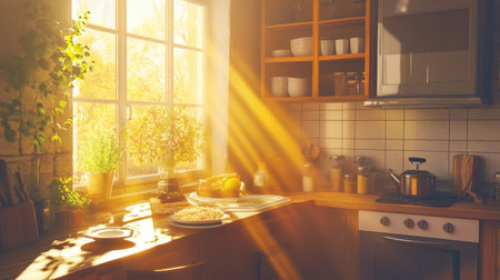 A cozy kitchen filled with warm sunlight streaming through the window, showcasing fresh ingredients and a welcoming atmosphere. Perfect for cooking enthusiasts.の素材
