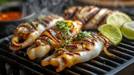 A mouthwatering close-up of grilled squid garnished with fresh herbs and lime, showcasing the vibrant flavors and textures perfect for a summer meal.の素材