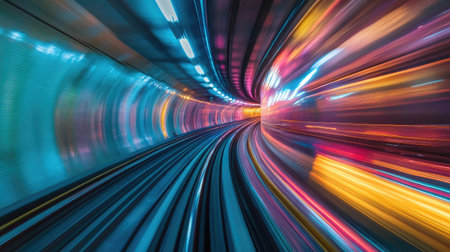 A vibrant, colorful motion blur captures the dynamic feel of traveling through a tunnel. The abstract design creates a sense of speed and energy, ideal for creative projects.の素材