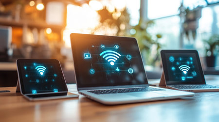 A modern workspace featuring a laptop and tablet displaying wireless connection symbols, representing technology and digital communication in a contemporary setting.の素材