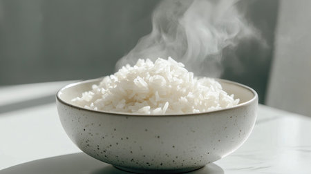 A close-up view of a steaming bowl of freshly cooked white rice. Perfect for food photography, this image highlights the warmth and simplicity of a beloved staple.の素材