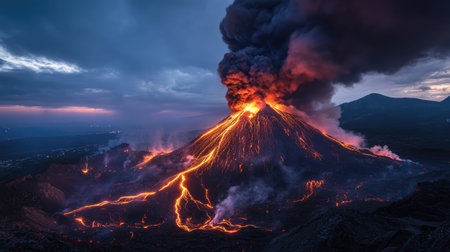 A breathtaking view of an erupting volcano, glowing with lava and surrounded by dark smoke. The scene captures the raw power of nature and its fiery beauty.の素材