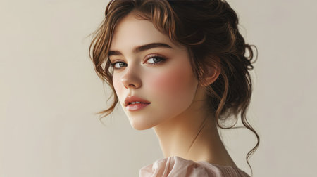 This portrait features an elegant woman with soft makeup and natural light, showcasing her graceful expression and serene beauty in a minimalist setting.の素材