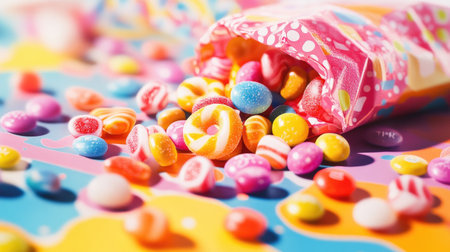 A vibrant assortment of colorful candy spilled on a lively background, perfect for evoking feelings of joy and sweetness. Ideal for festive themes.の素材