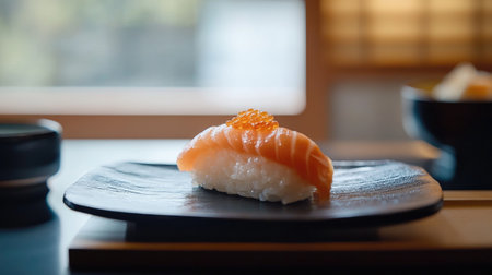 A stunning piece of fresh salmon sushi elegantly presented on a black plate. Captured in natural light, this dish embodies gourmet Japanese cuisine and culinary artistry.の素材