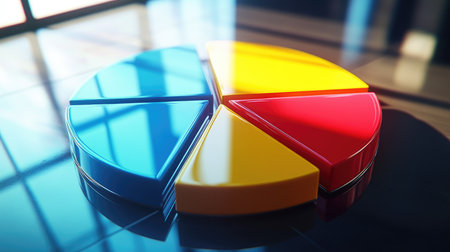 A vibrant pie chart with segments in blue, yellow, and red, elegantly placed on a reflective table. Ideal for business presentations and data visualization.の素材
