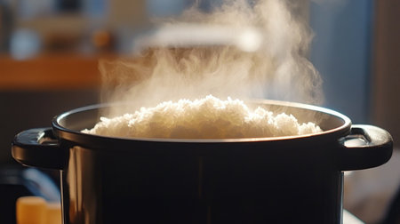 A close-up image of freshly cooked rice in a pot, with steam rising. The warm, inviting scene captures the essence of home cooking and comfort food.の素材