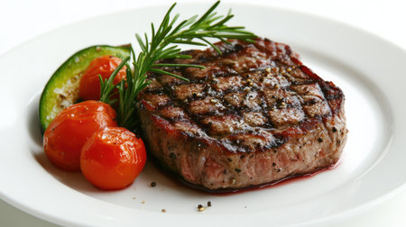 A delicious grilled steak served on a white plate with fresh vegetables, including tomatoes and rosemary, perfect for a gourmet dining experience.の素材