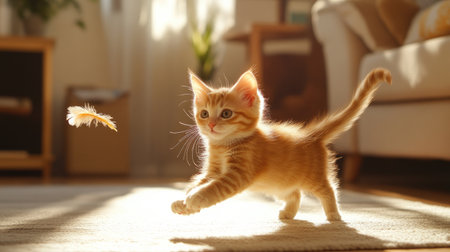 A charming kitten joyfully chases a feather in a sunlit living room. This playful moment captures the essence of pet energy and innocence. Perfect for pet lovers.の素材