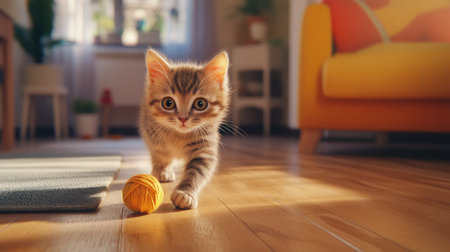 A playful kitten exploring a cozy living room, showcasing curiosity and joy. The soft sunlight highlights its furry coat and vibrant yellow yarn ball.の素材