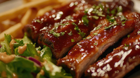 Indulge in a mouthwatering plate of savory grilled ribs, complemented by a vibrant salad and crispy French fries, perfect for any meal. Enjoy!の素材