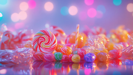 A stunning arrangement of colorful candies and lollipops set against a dreamy bokeh background, perfect for festive celebrations and sweet treats.の素材