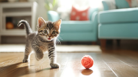 A playful kitten explores its indoor surroundings, chasing a colorful yarn ball. This adorable moment captures the joy and curiosity of a young cat in a cozy home environment.の素材