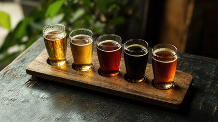 A selection of craft beers presented in tasting glasses on a wooden board, showcasing a variety of colors and styles for beer enthusiasts.の素材