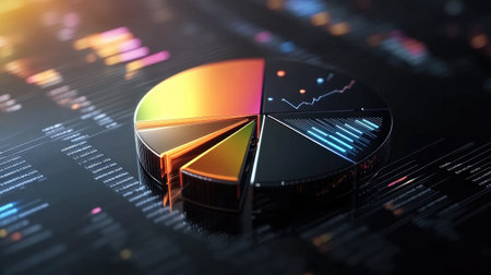 A colorful pie chart set against a digital background represents data analysis and visualization. Ideal for business and finance presentations showcasing trends and insights.の素材