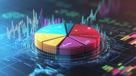 This vibrant pie chart illustrates data visualization concepts with dynamic graphs and colorful segments. Ideal for business analytics and financial presentations.の素材