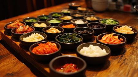 A vibrant assortment of Korean side dishes arranged elegantly in small bowls on a rustic wooden table, perfect for showcasing culinary traditions and healthy dining options.の素材