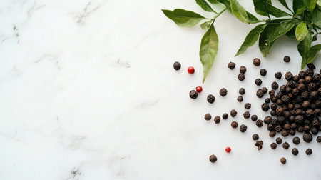 A captivating arrangement of black and red pepper spices with vibrant green leaves on a sleek marble surface, perfect for food and cooking themes.の素材