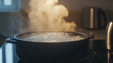 A captivating image of boiling water in a pot, with steam rising gracefully. Perfect for culinary themes, kitchen settings, and cooking activities.の素材