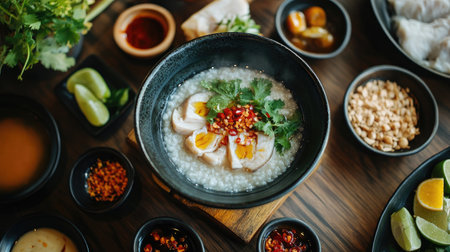Experience a mouthwatering bowl of rice porridge topped with fresh herbs and spices. Perfect for a comforting meal any time of day.の素材