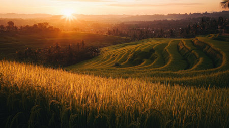 A breathtaking view of a rice field in Bali during sunset, showcasing vibrant green terraces and golden sunlight illuminating the landscape. Perfect for travel and nature themes.の素材