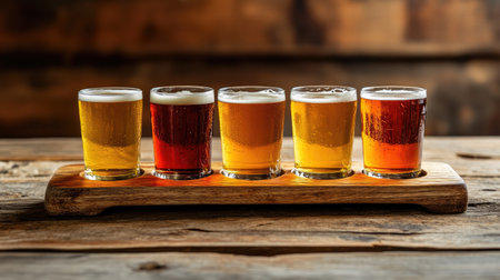 A selection of craft beers in a flight arrangement on a rustic wooden tray. The vibrant colors and foamy tops create a delightful tasting experience.の素材
