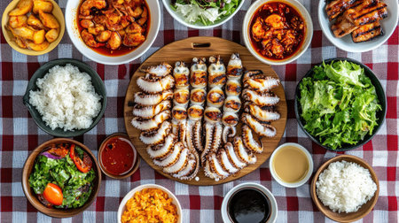 A vibrant and appetizing seafood feast featuring grilled octopus, fresh salads, and various rice dishes, perfect for gatherings and celebrations.の素材