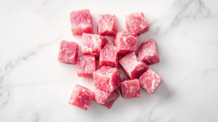 Fresh cut beef cubes arranged on a marble surface, perfect for culinary use. Ideal for cooking dishes, showcasing vibrant colors and textures.の素材