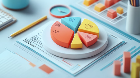 A vibrant pie chart with assorted segments sits atop a work desk filled with colorful data tools, highlighting data analysis and business success insights.の素材