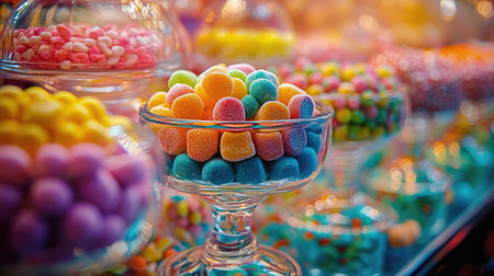 Explore a vibrant display of colorful candies arranged in glass jars, perfect for enticing sweet lovers. A delightful showcase of sugary treats!の素材