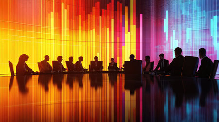 A corporate meeting scene featuring silhouettes of professionals against a vibrant backdrop, showcasing collaboration and innovative ideas in a modern workspace.の素材