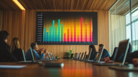 A modern conference room showcasing a team meeting with a vibrant bar chart on display. Participants engage in discussion around technology and strategies.の素材